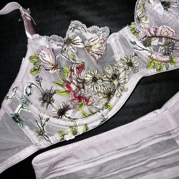 Victoria's Secret 34B,34DD BRA SET S,M high-waist Lilac Pink floral applique - Picture 3 of 5